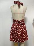 EVE Polka Dot Print Halterneck Backless Midi Dress GLJS-B8300