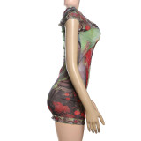 EVE U Neck Print Short Sleeve Mini Dress DLSF-K24D64270