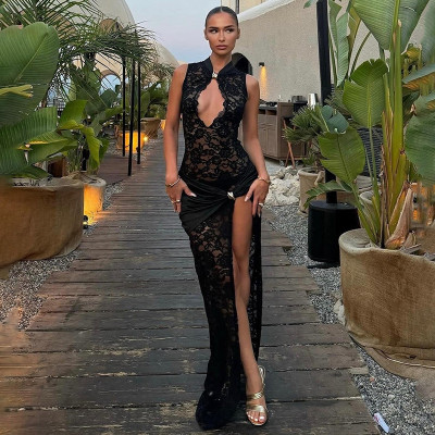 EVE Hollow Out Lace High Split Maxi Dress DLSF-K24D61219