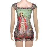 EVE U Neck Print Short Sleeve Mini Dress DLSF-K24D64270