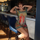 EVE U Neck Print Short Sleeve Mini Dress DLSF-K24D64270