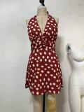 EVE Polka Dot Print Halterneck Backless Midi Dress GLJS-B8300