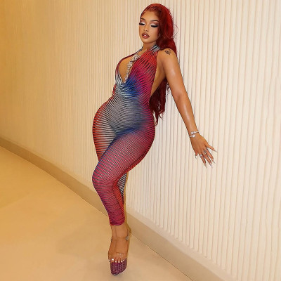 EVE Colorful Stripe Halterneck Backless Jumpsuit DLSF-K25Q68058