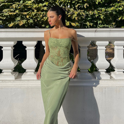 EVE Sexy Lace Patchwork Sling Slim Maxi Dress FL-JY25029DGO