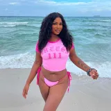 EVE Letter Print T Shirt Tie Up Two Piece Swimsuit FL-HH25003MHO