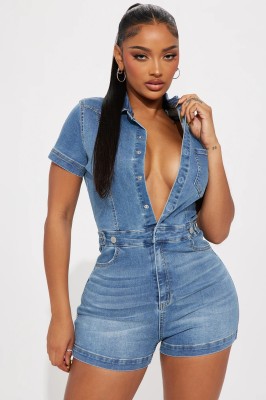 EVE Short Sleeve Single-breasted Washed Denim Romper LX-6043