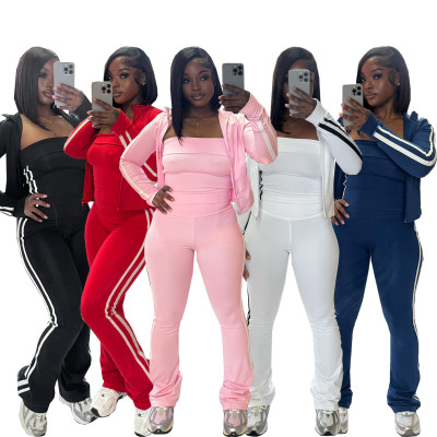 EVE Stripe Patchwork Zipper Long Sleeve Pants 3 Piece Set  SFY-702