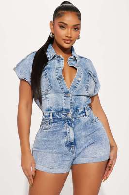 EVE Fashion Denim Short Sleeve Wash Romper LX-6047