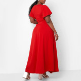 EVE Plus Size Solid Color Flare Sleeve Split Skirt 2 Piece Set  NNWF-8078