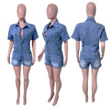 EVE Short Sleeve Single-breasted Washed Denim Romper LX-6043