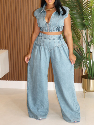 EVE Fashion Denim Sleeveless Tops Loose Pant Suit AIL-314