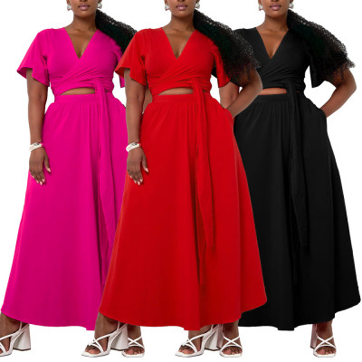 EVE Plus Size Solid Color Flare Sleeve Split Skirt 2 Piece Set  NNWF-8078