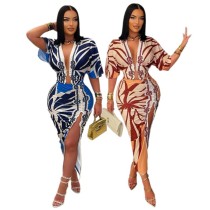 EVE Print V Neck Short Sleeve Split Maxi Dress GDIM-2513