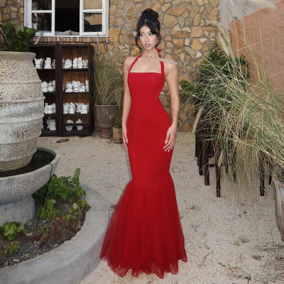 EVE Halterneck Backless Fishtail Patchwork Gown Dress FL-YJ25066MHO