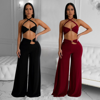 EVE Solid Color Sexy Wrap Chest Loose Pants Suit BY-7236