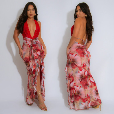 EVE Sexy Deep V Neck Print Backless Maxi Dress BY-7262
