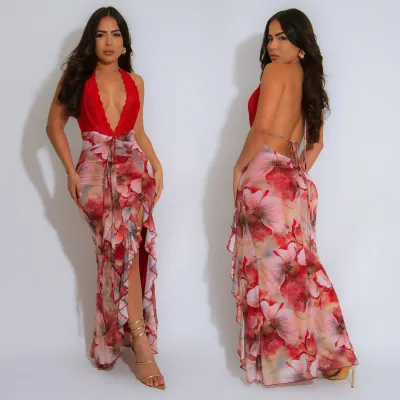 EVE Sexy Deep V Neck Print Backless Maxi Dress BY-7262