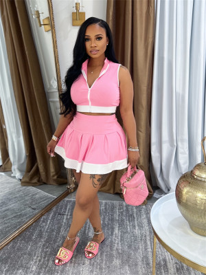 EVE Solid Color Zipper Sleeveless Tops Skirt Suit YWXS-K25L112