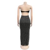 EVE Hot Drill Wrap Chest Long Skirt 2 Piece Set BY-7222
