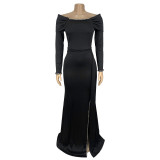 EVE Long Sleeve Solid Color Split Maxi Dress BY-7283