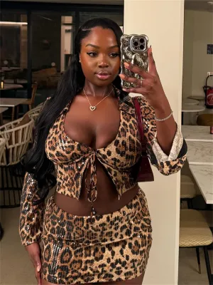 EVE Leopard Sequin Tie Up Skirt 2 Piece Set YWXS-XS-L45351