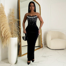 EVE One Shoulder Solit Hot Drill Long Dress BY-7217