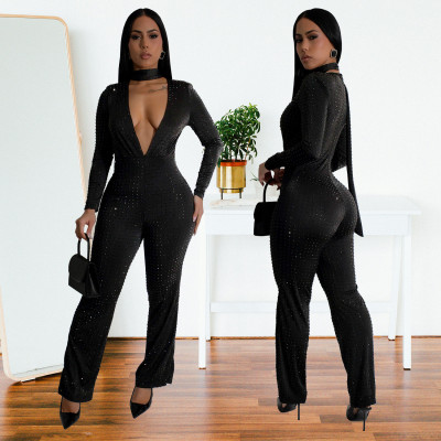 EVE Long Sleeve Deep V Neck Hot Drill Jumpsuit BY-7213