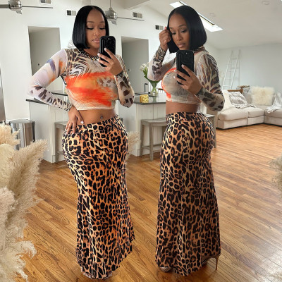 EVE Long Sleeve Tops And Leopard Print Long Skirts Suit CYA-901787
