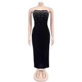 EVE One Shoulder Solit Hot Drill Long Dress BY-7217