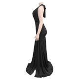 EVE Halterneck Deep V Neck Split Maxi Dress BY-7225