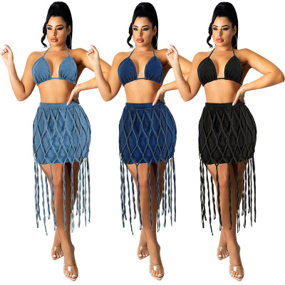 EVE Casual Denim Tie Up Grids Splice Denim Skirt Suit GDAM-715