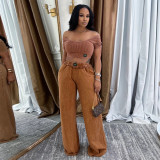 EVE Solid Color U Neck Tops Wide Leg Pants Suit YF-10826