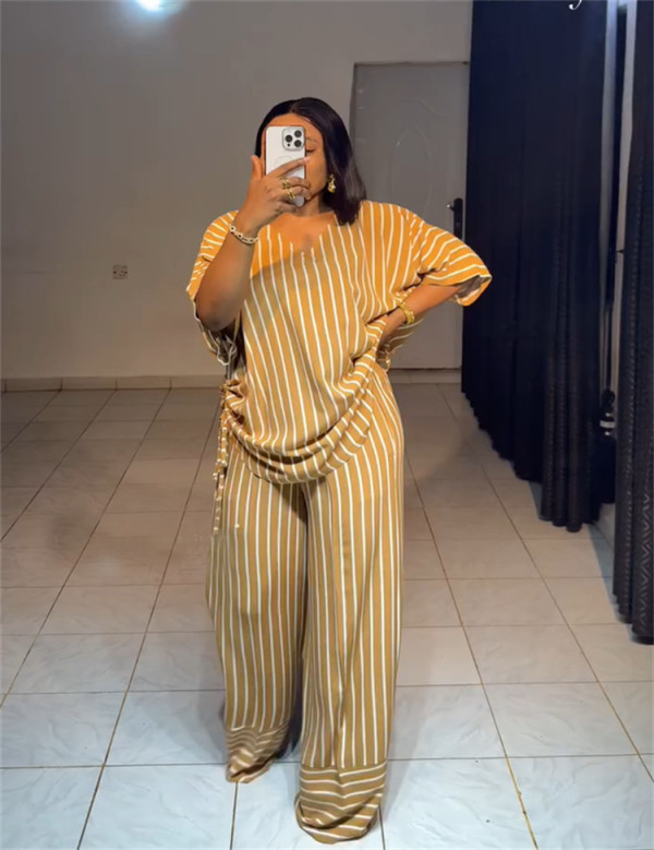 EVE Loose V Neck Stripe Two Piece Pants Set GCNE-HK72391