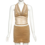 EVE Solid Color Halterneck Top Skirt Three Piece Set XEF-K25S66038