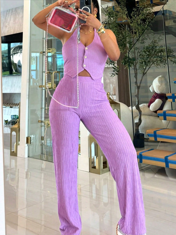 EVE Halterneck Solid Vest Wide Leg Pants Suit SH-391362