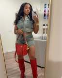 EVE Denim Color Block Lapel Two Piece Shorts Set GSMJ-8002