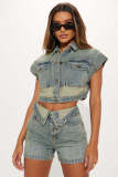 EVE Denim Color Block Lapel Two Piece Shorts Set GSMJ-8002