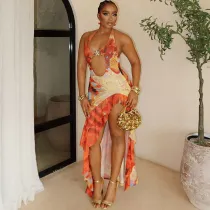 EVE Halterneck Backless Ruffles Maxi Dress  XEF-K25D65965