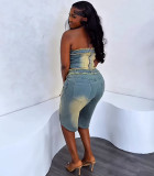 EVE Fashion Raw Edge Wrap Top Shorts Denim Suit GAKF-50319