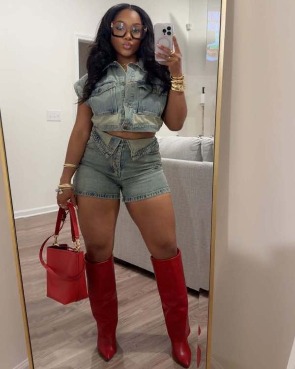EVE Denim Color Block Lapel Two Piece Shorts Set GSMJ-8002
