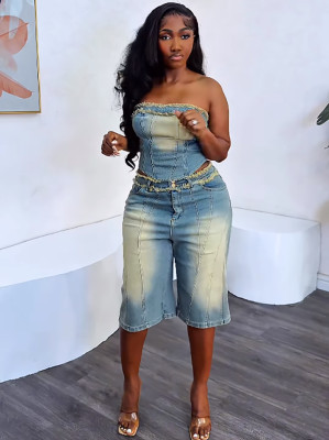 EVE Fashion Raw Edge Wrap Top Shorts Denim Suit GAKF-50319