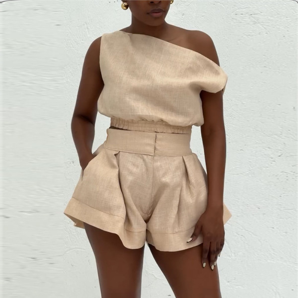EVE Sleeveless Solid Color Loose Two Piece Shorts Set GCNE-HK72272
