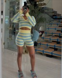 EVE Stripe Knits Long Sleeve Hooded Shorts Suit TR-1328