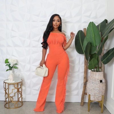 EVE Solid Color One Shoulder Tassel Jumpsuit GCNF-0236