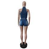 EVE Fashion Zipper Sleeveless Denim Shorts Suit MEM-88642