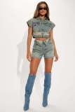 EVE Color Block Short Sleeve Denim Two Piece Shorts Set YMEF-53085