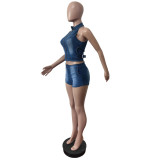 EVE Fashion Zipper Sleeveless Denim Shorts Suit MEM-88642