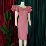 EVE Plus Size Beaded Ruffle Sleeve Gown Midi Dress GATE-D575
