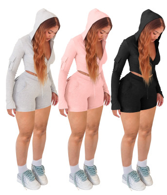 EVE Solid Color Tight Sport Hooded Shorts Suit WSM-5393