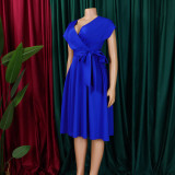 EVE Plus Size V Neck Belt Solid Color Midi Dress GCZF-8626